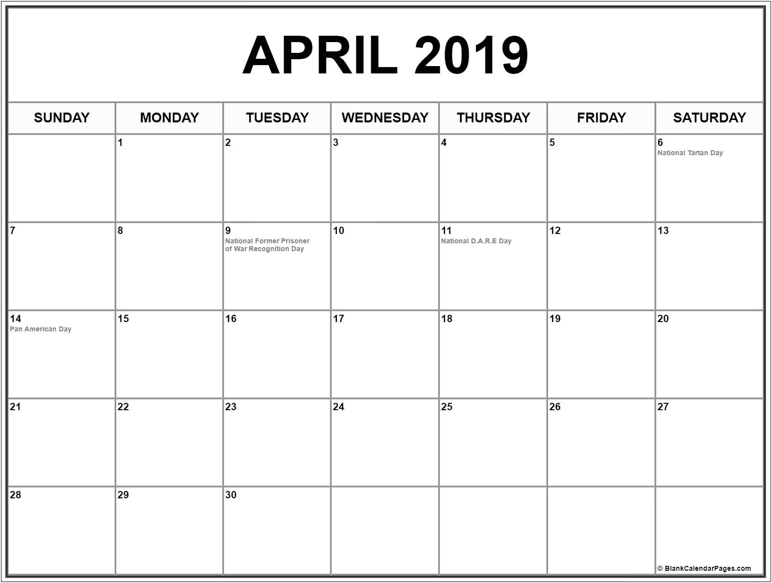 Word Printable Calendar April 2019 Template