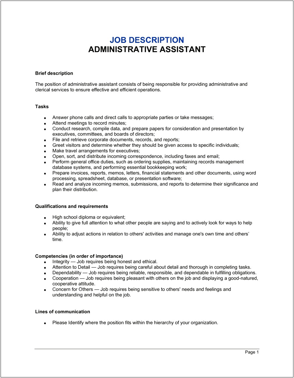 Word Template For Administrative Assistant Job Description