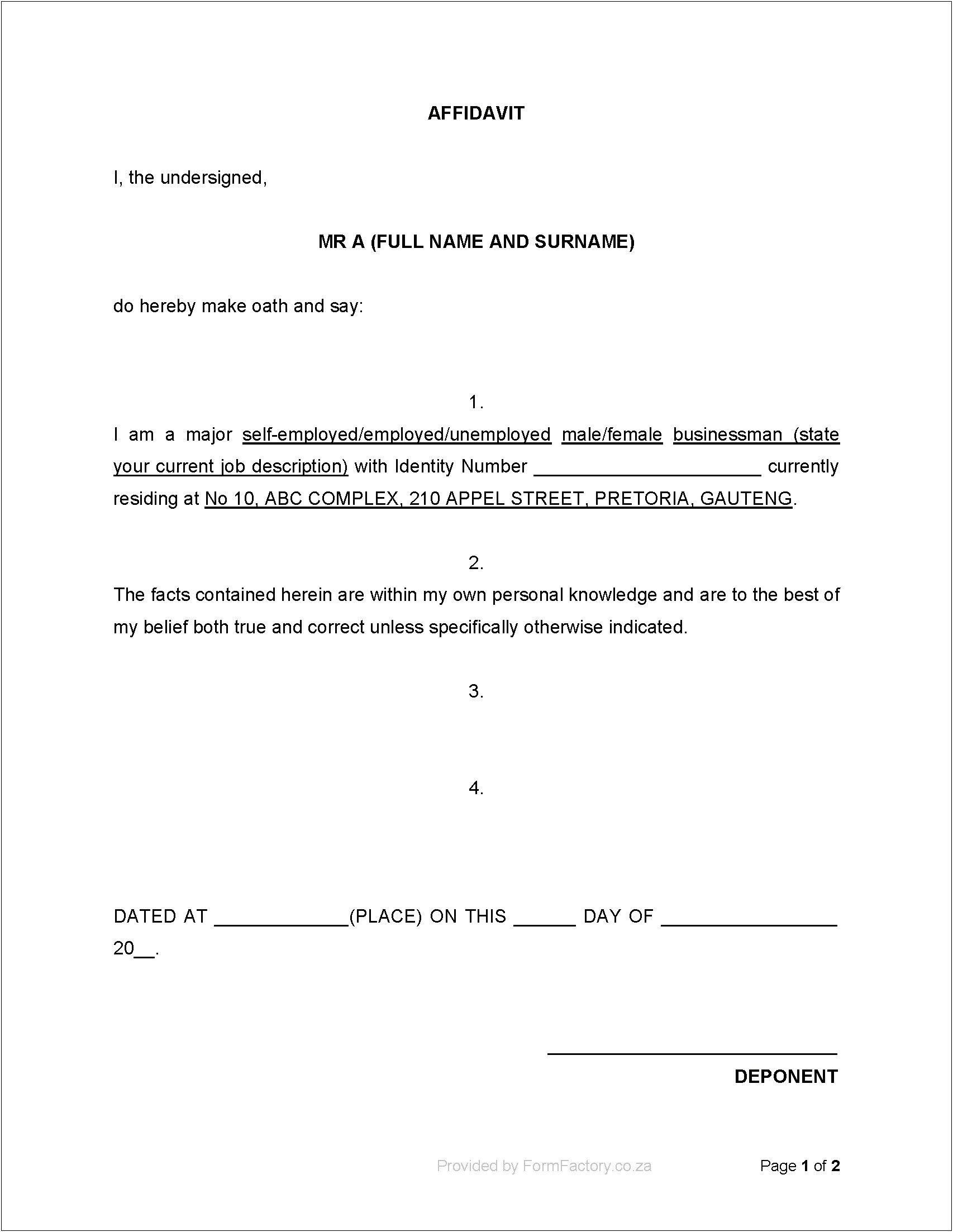 Word Template For Affidavit South Africa