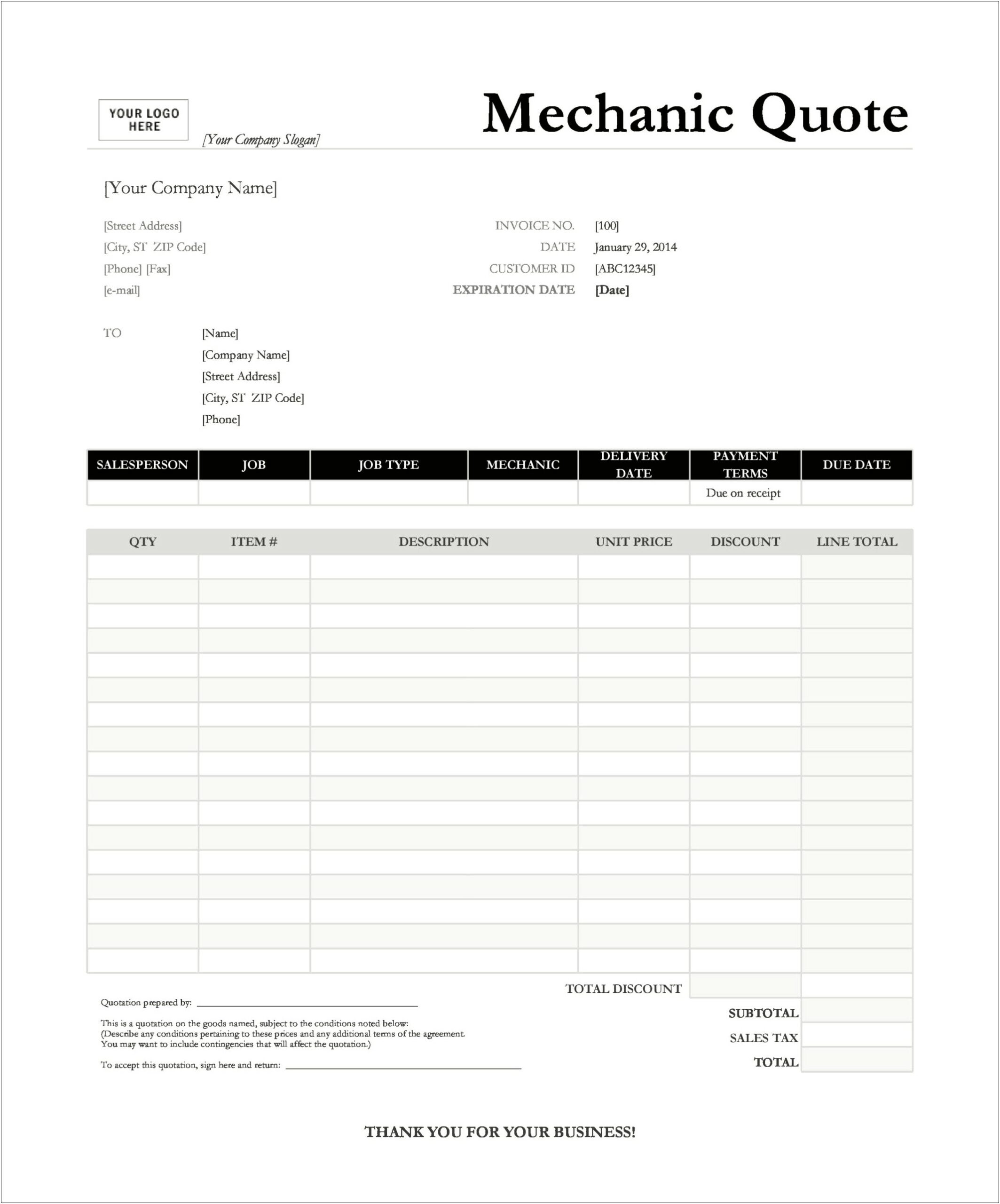 Word Template For Automotive Repair Charges