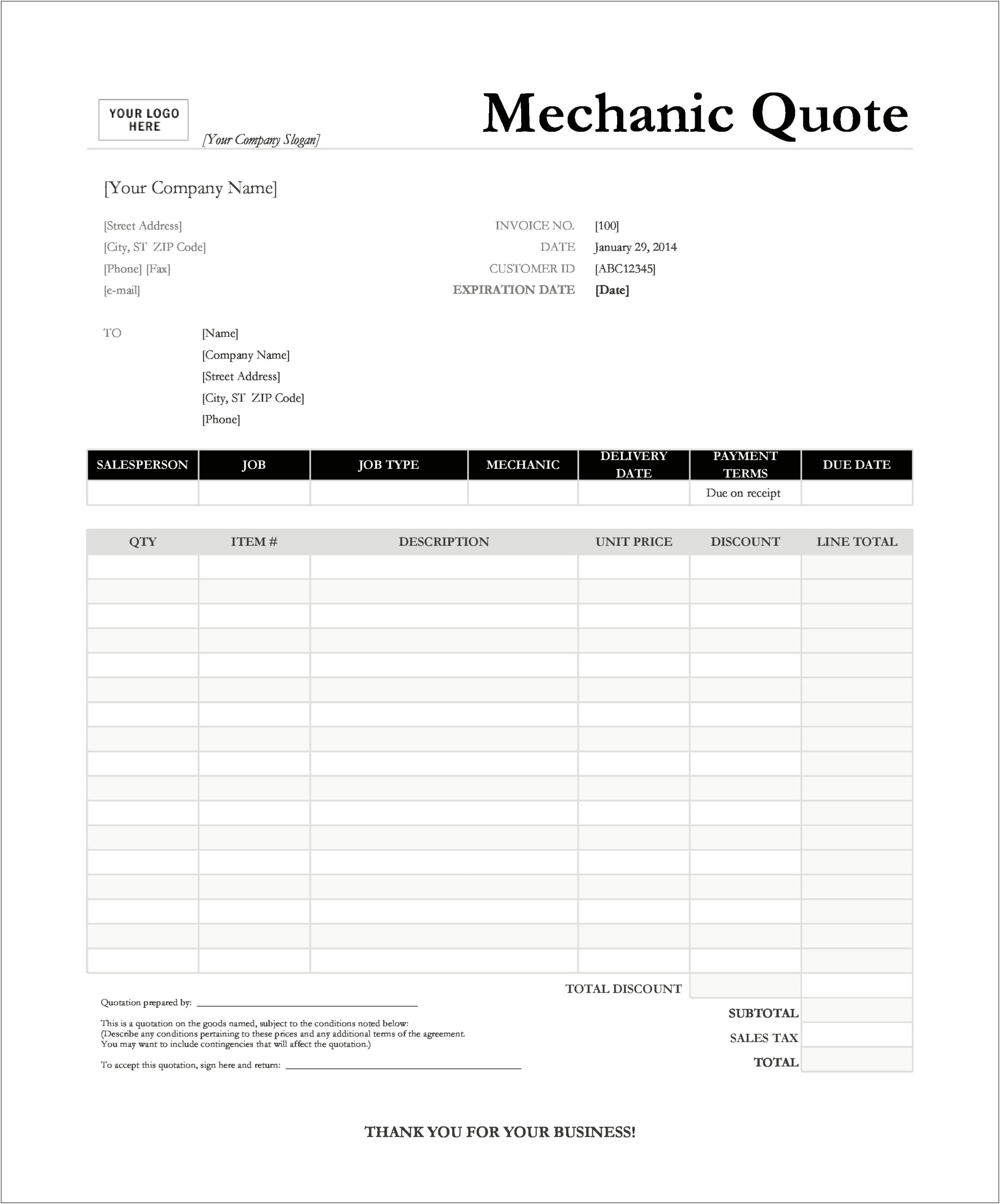 Word Template For Automotive Repair Charges