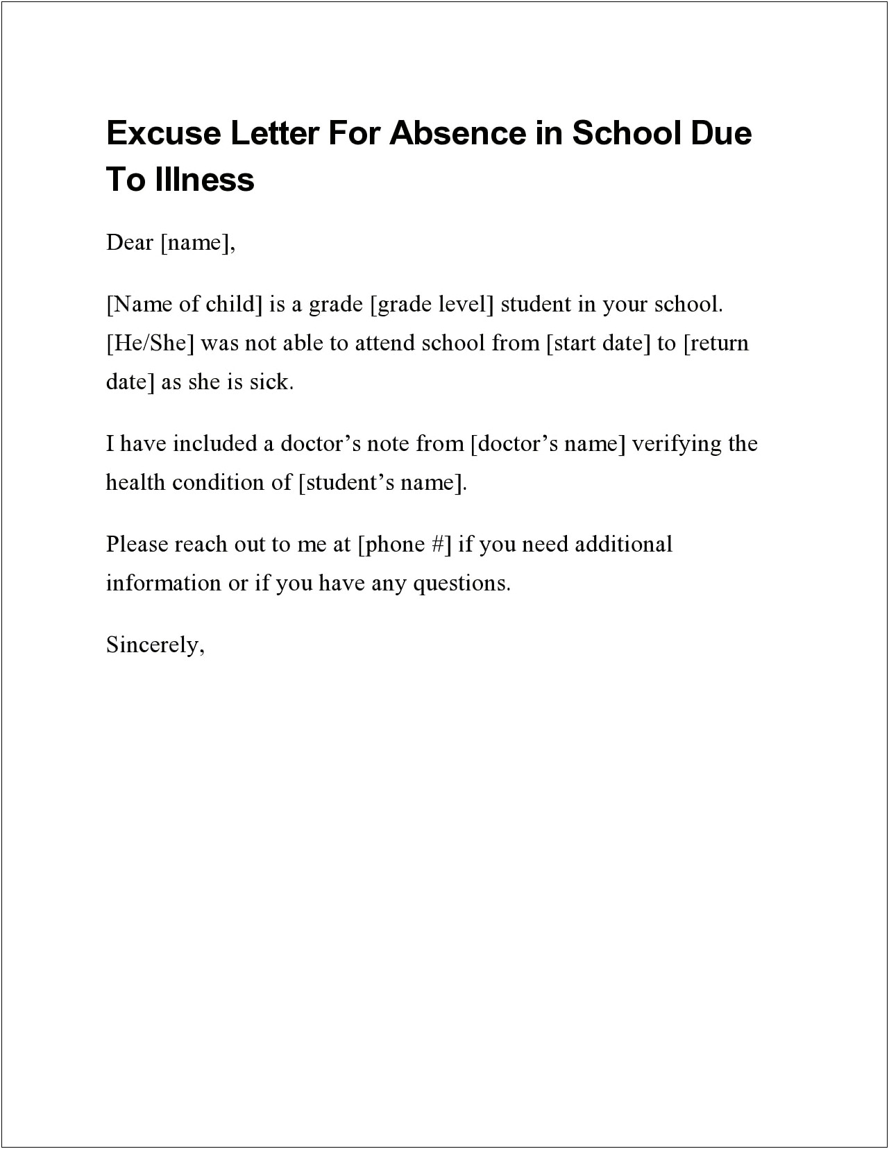 Word Template For School Excuse Letter