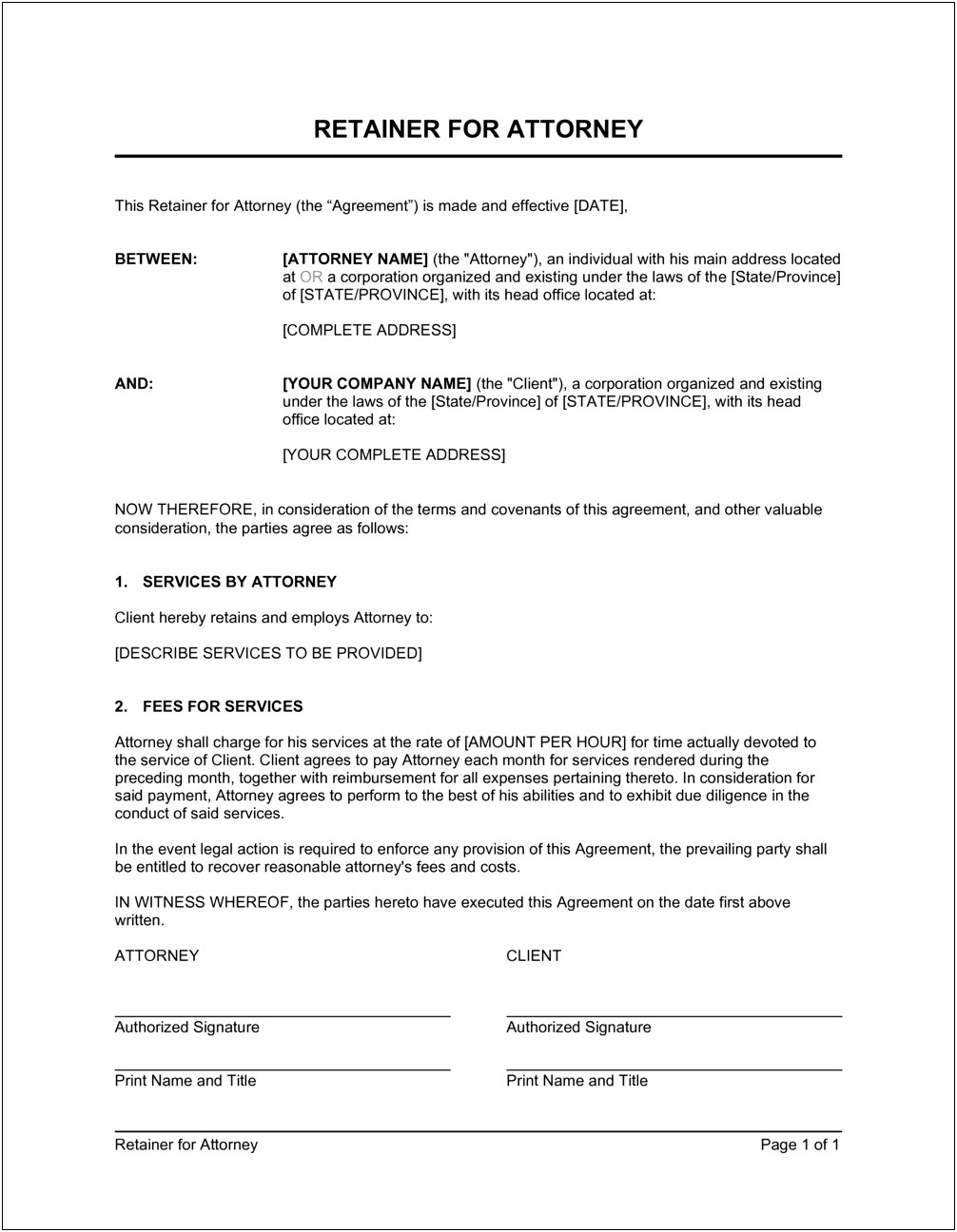 Word Template Retainer Contract For Secretary