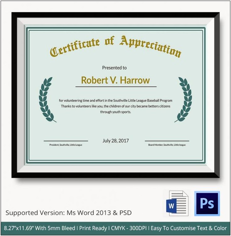 Word Templates For Certificate Of Appreciation