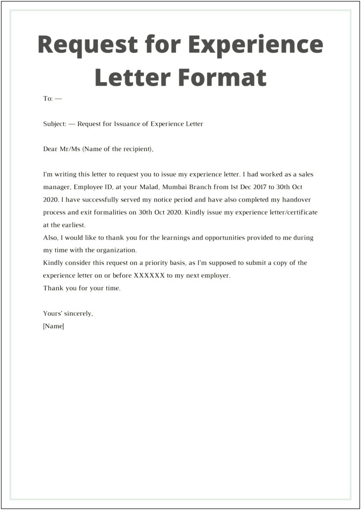 Work Experience Letter Template From Employer Wor