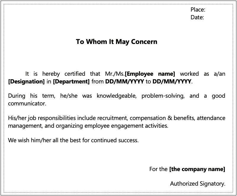 Work Experience Letter Template From Employer Word