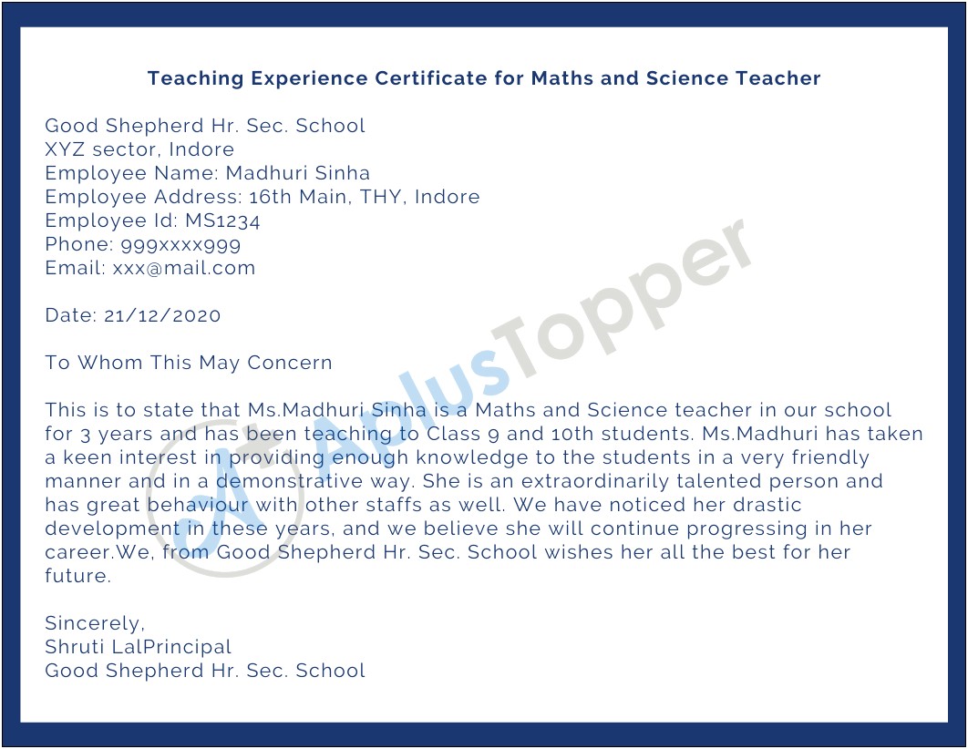 Work Experience Letter Template Primary School