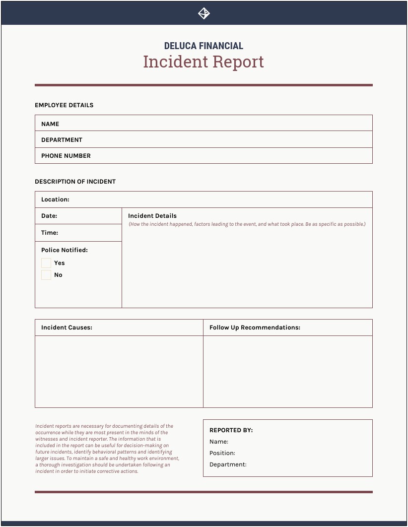 Work Incident Report Form Template Word