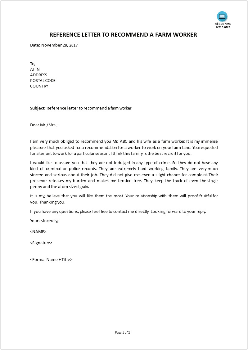 Work Reference Letter For Landlord Template