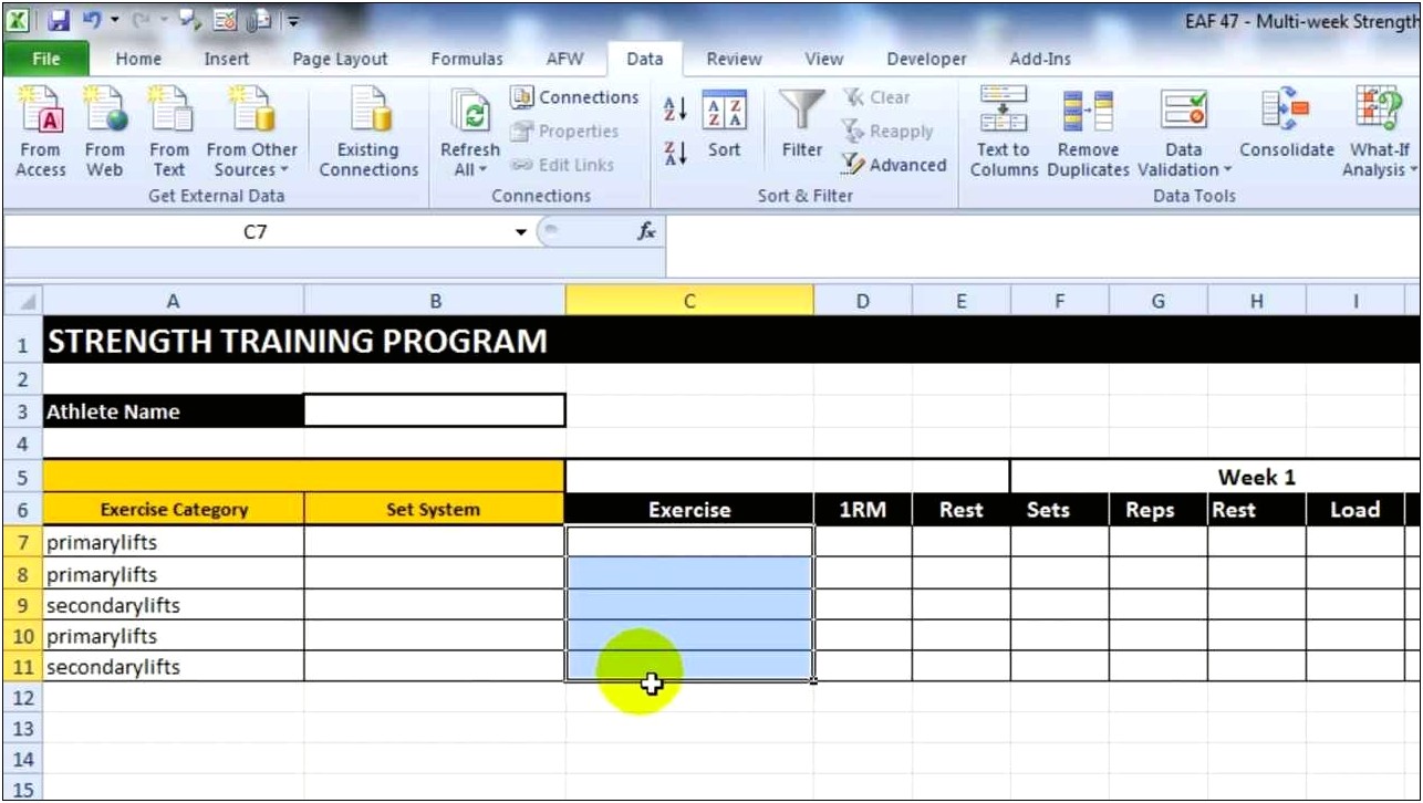 Workout Plan Template Excel Percent Max