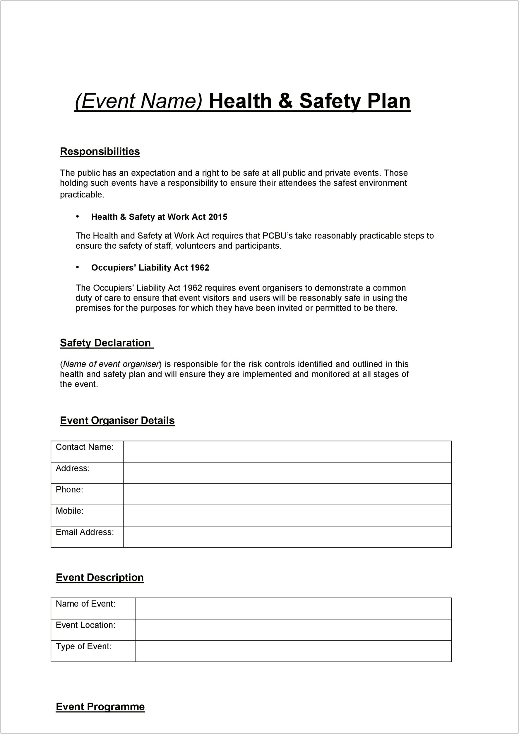 Workplace Health And Safety Action Plan Template