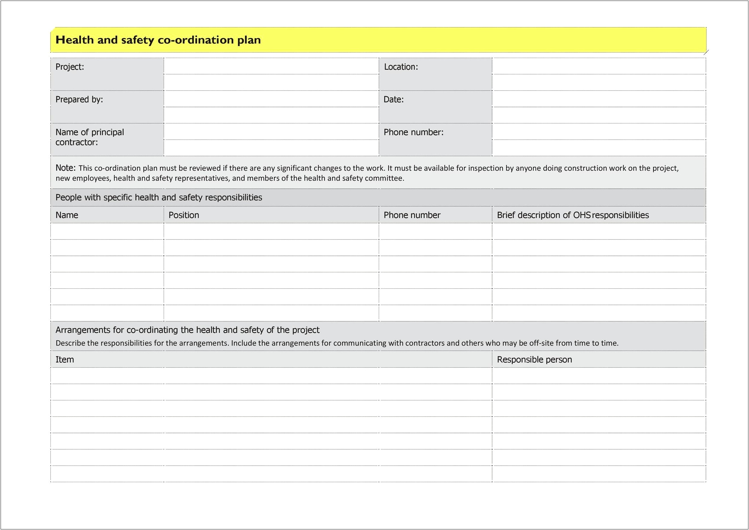 Workplace Health And Safety Plan Template