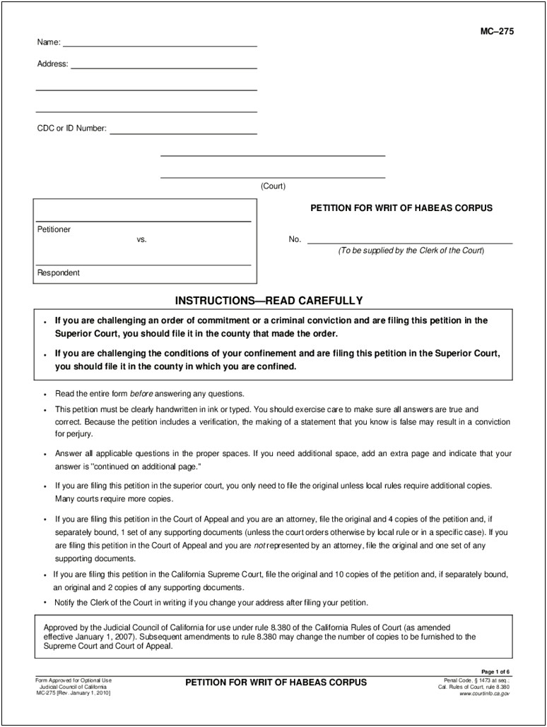 Writ Of Habeas Corpus Letter Template