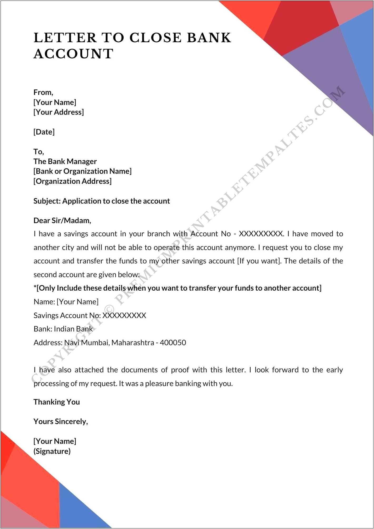 Write Letter To Close My Bank Account Template