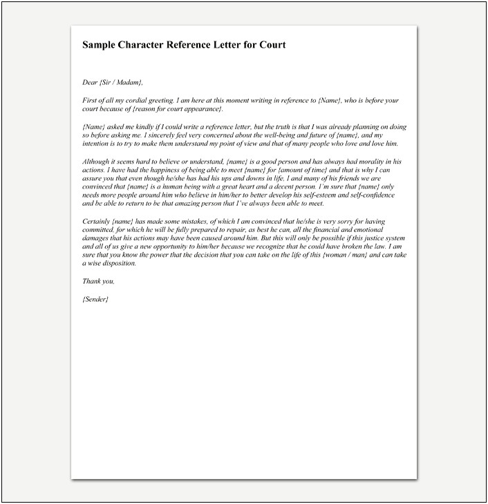 Writing A Character Reference Letter For Court Template