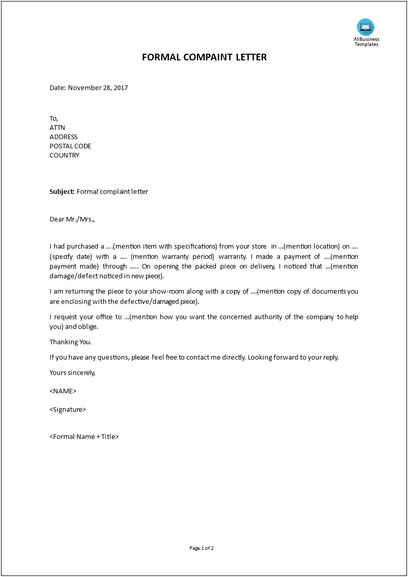 Writing A Complaint Letter To A Company Template