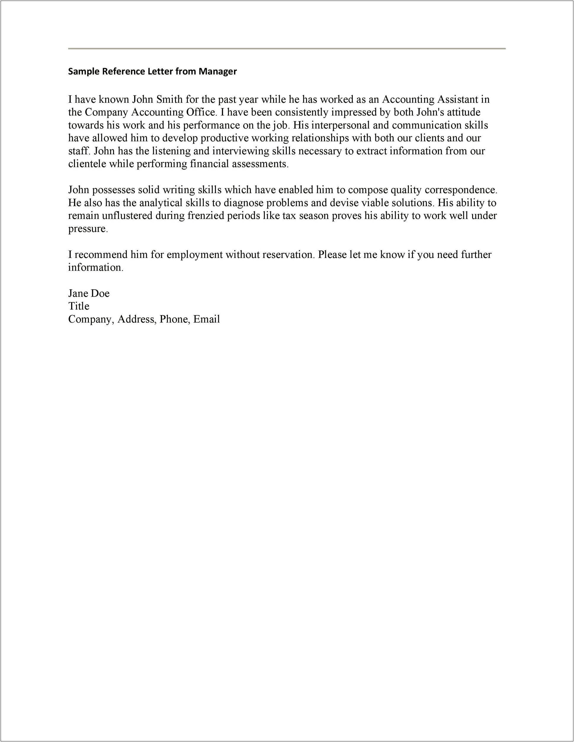 Writing A Job Recommendation Letter Template