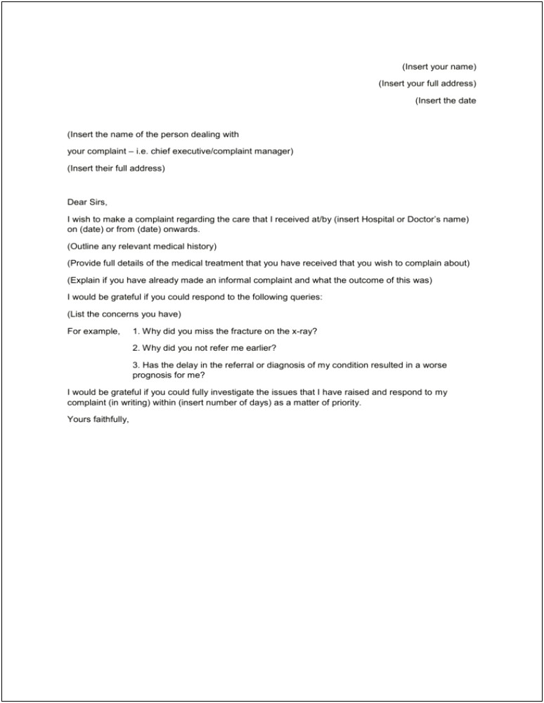 Writing A Letter Of Complaint Template