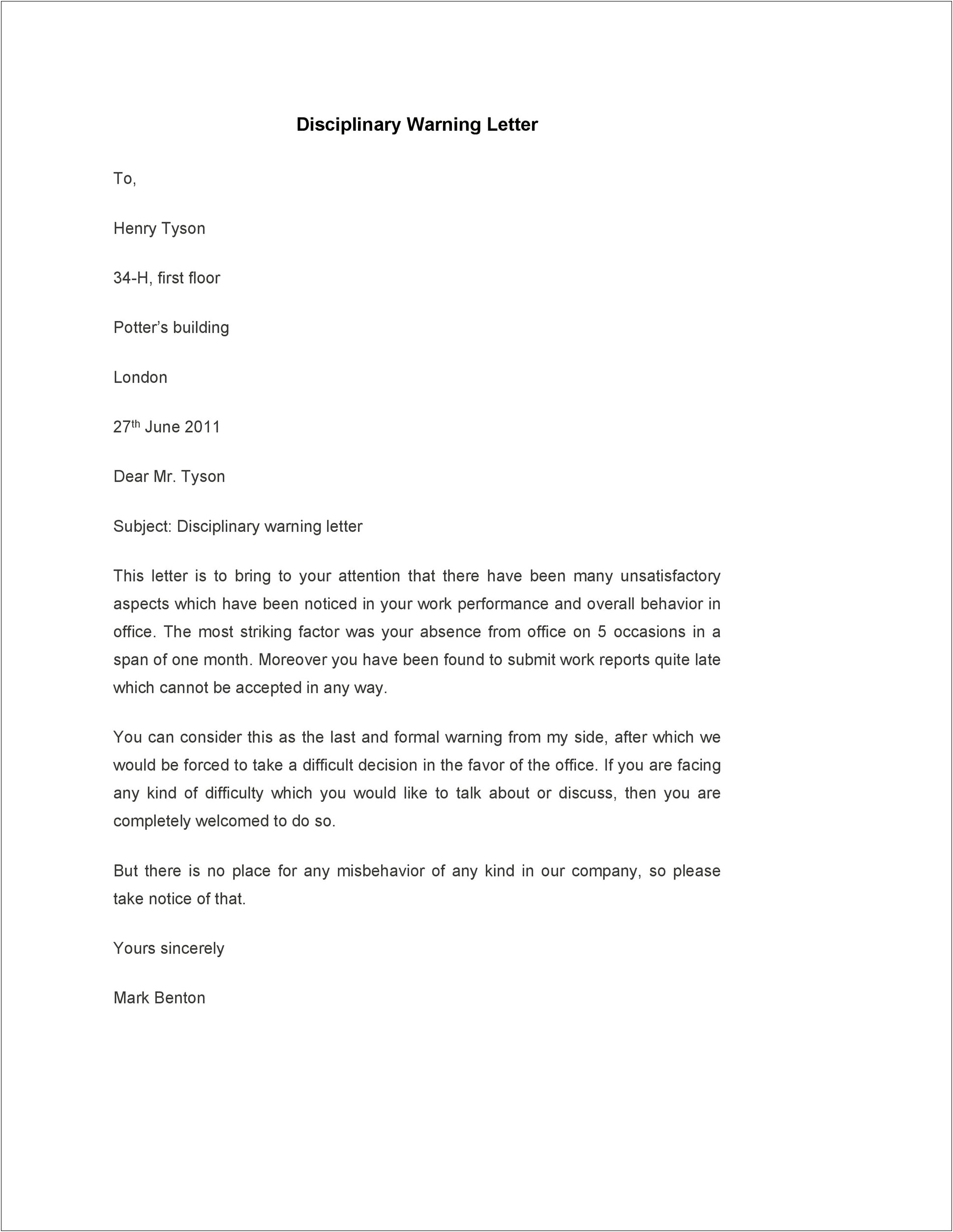 Written Warning Letter Template No Call No Show