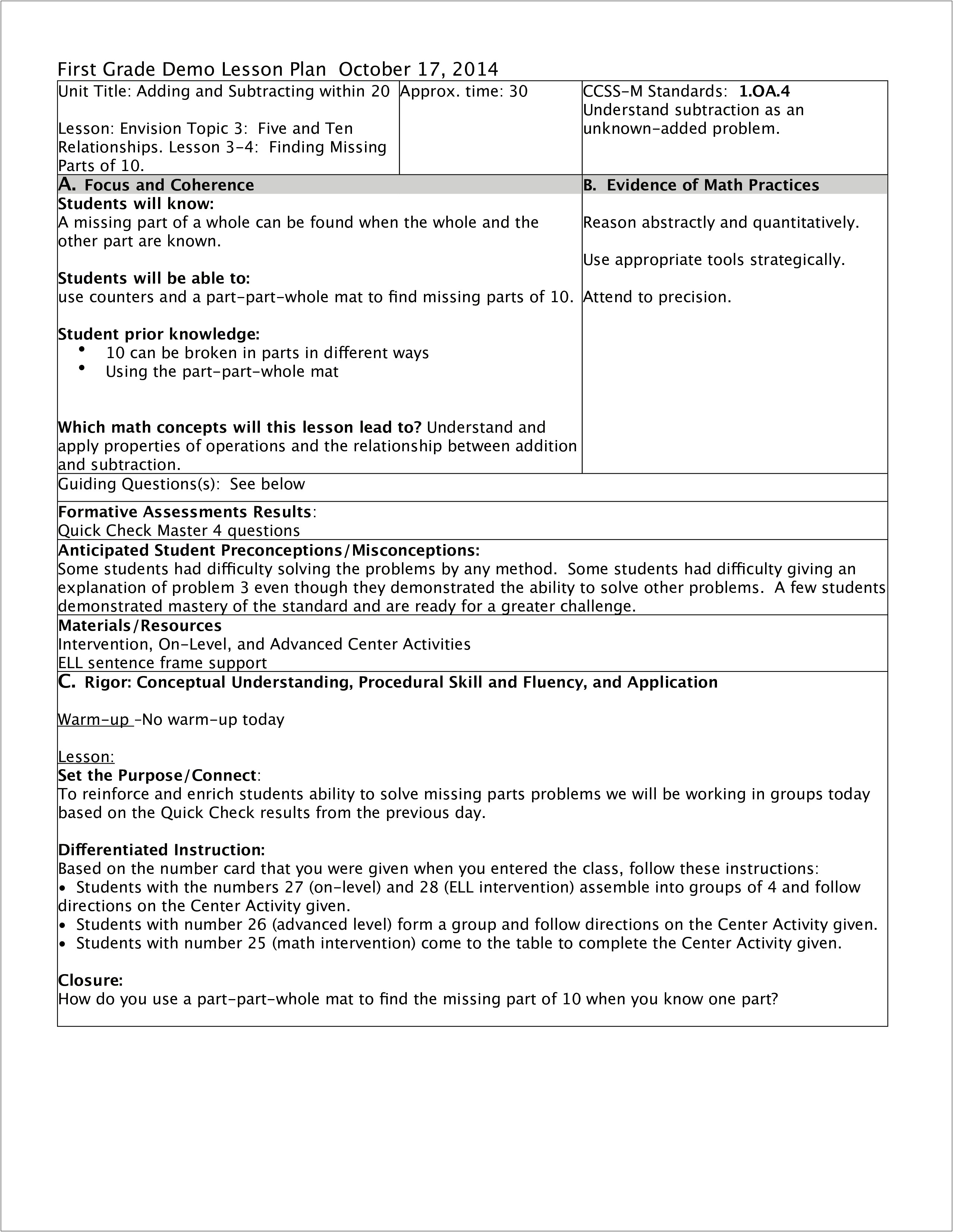 Year 1 Maths Lesson Plan Template