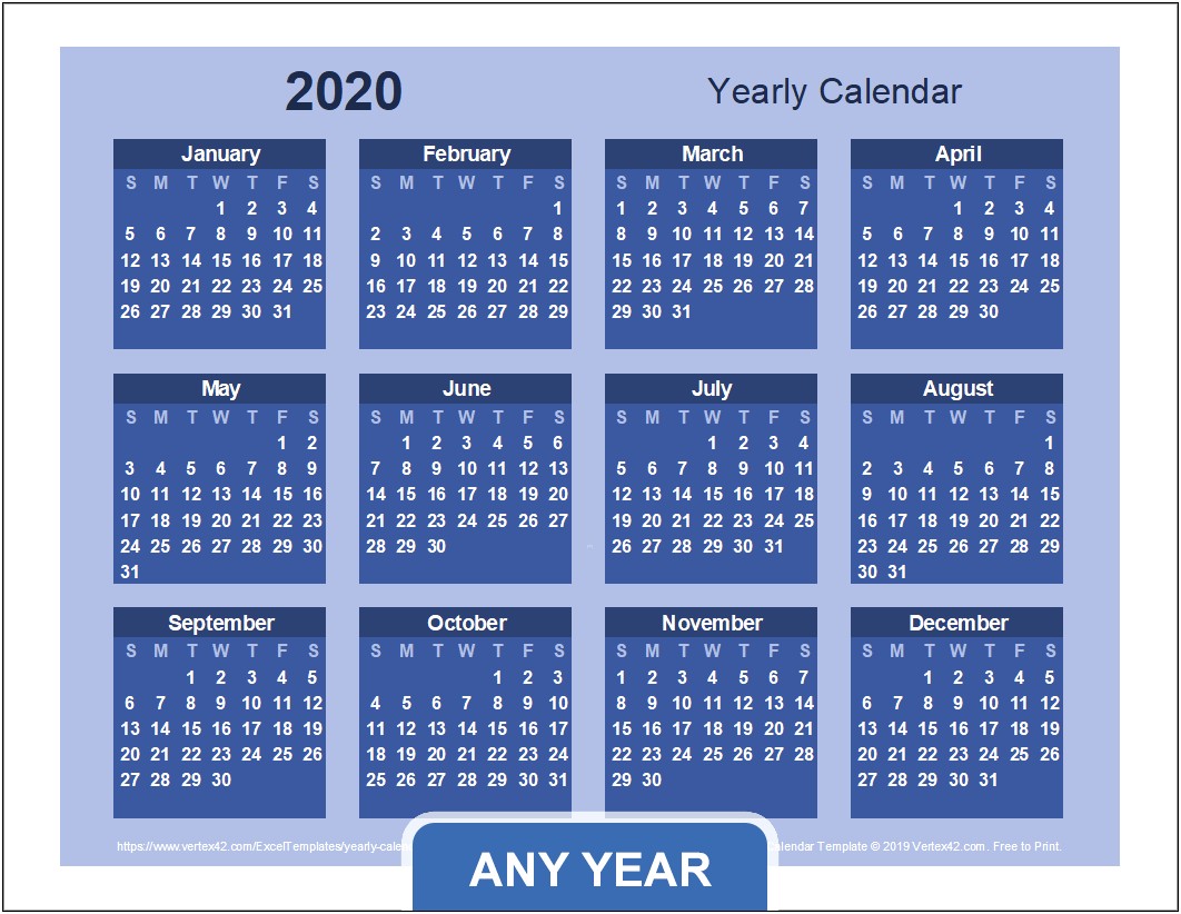 Year At A Glance Calendar Word Template 2019