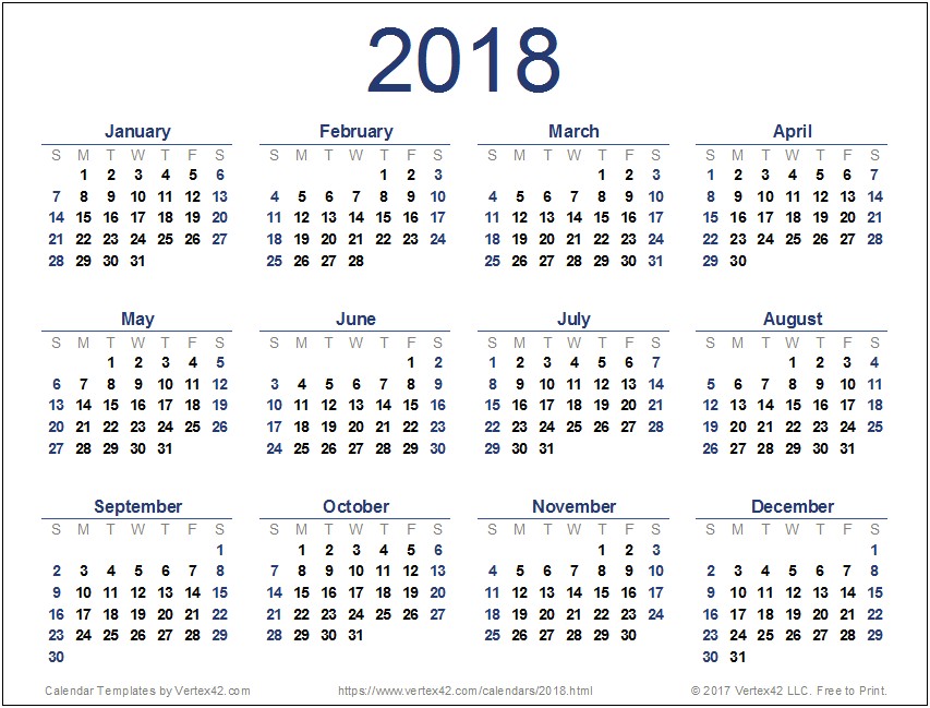 Year Calendar 2018 Template For Word