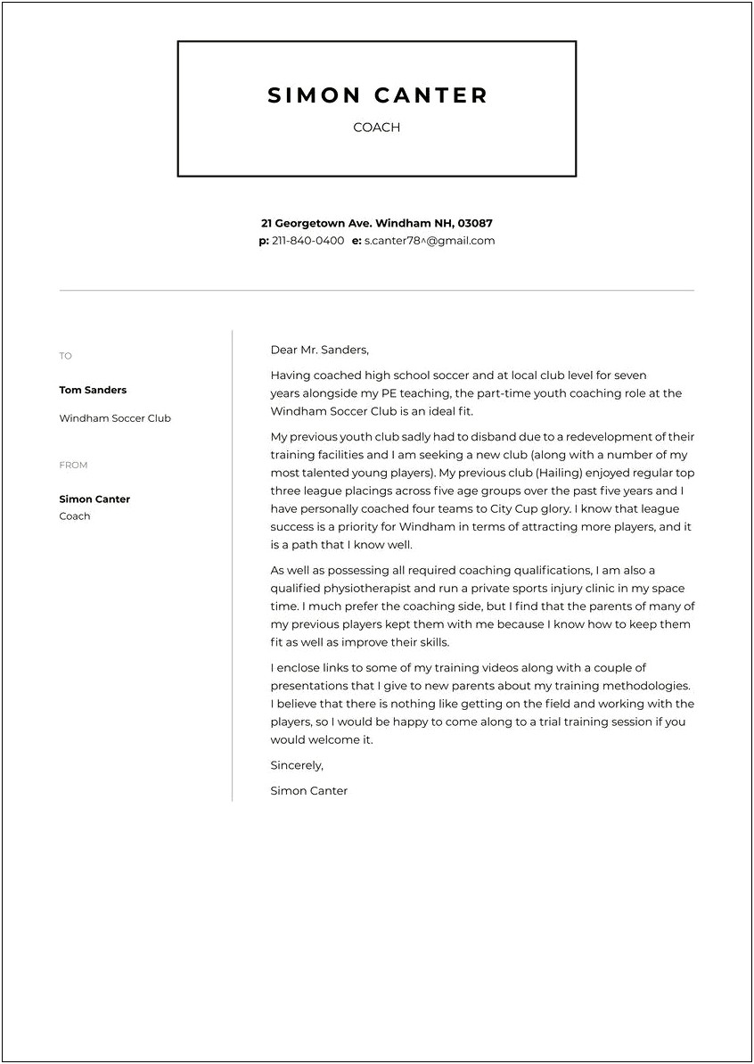 Youth Sports Coach Application Letter Template